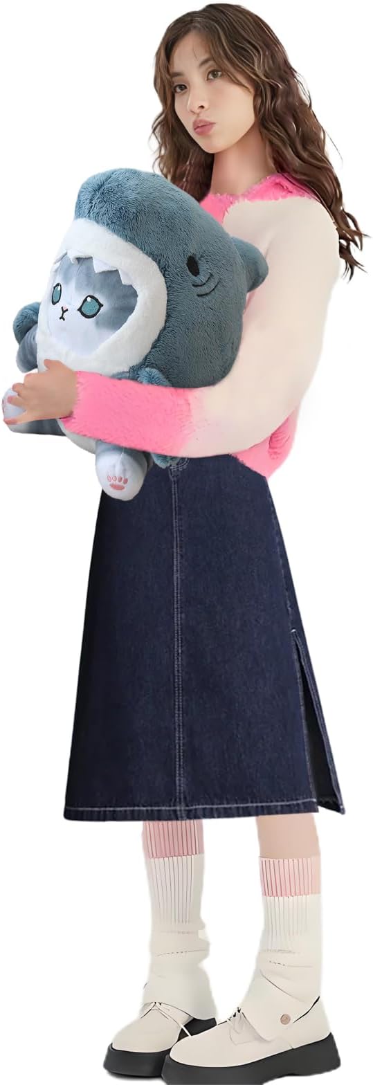 Kawaii Shark Cat Plush Toy Stuffed Animal Doll, Cute Soft Pillow Stress Release Hugs Toys Christmas Halloween Birthday Gifts for Kids Boys Girl Best Gift (Blue - Grey,15 inch)