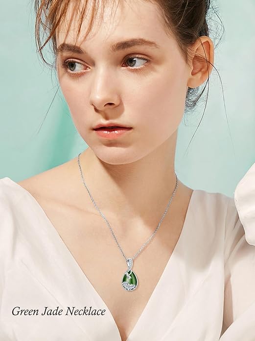 Green Jade Necklace Sterling Silver Teardrop Hummingbird/Dragonfly/Butterfly/Bee/Cat/Cardinal/Owl/Fox/Sloth Natural Jade Jewelry Birthday Mothers Day Christmas Gifts Women Mom Her
