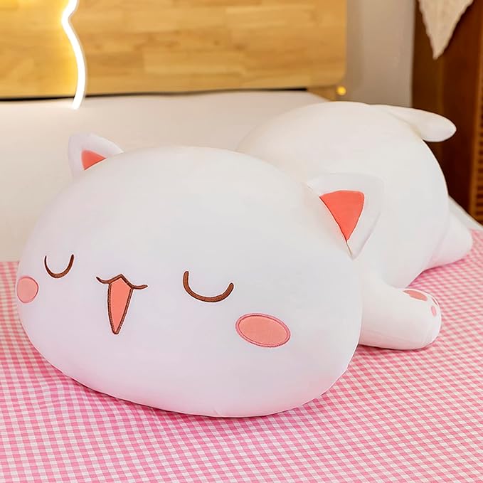 FUYU Cat Stuffed Animals, Soft Cat Plush Pillow Kawaii Kitten Stuffed Animal Toy Gifts for Kids Boys Girls Room Decor (White Squinted Eyes,27in/67cm)