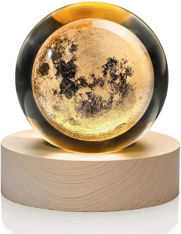 YU FENG 3D Carved Moon Crystal Ball with with Warm White Light Base for a Warm and Mysterious Ambiance 2.36 Inches