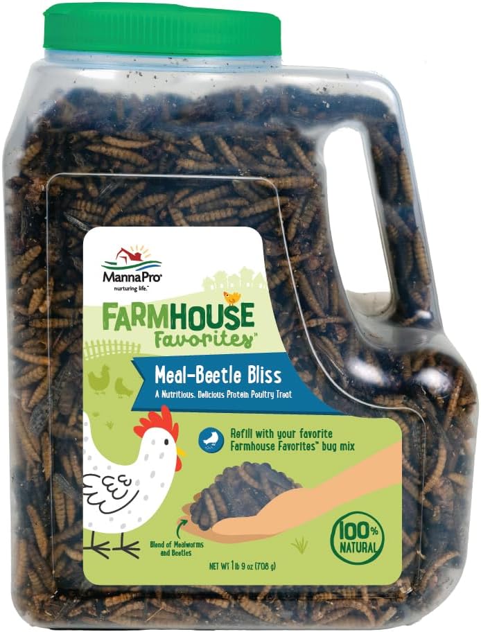 Manna Pro Farmhouse Favorites Beetle Bliss Poultry Treat – Blend of Mealworms and Beetles – All Natural Treat for Chickens, Ducks, Geese, Turkeys, & Guinea Fowl – 45% Protein – 25oz