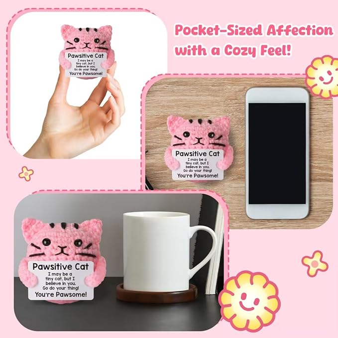 Positive Cat Crochet for Friend Mom Grandma Dad Grandpa Daughter Son Aunt,Pink Cat Gifts for Cat Lover,Emotional Sister Brother Support Small Birthday Gifts Pink