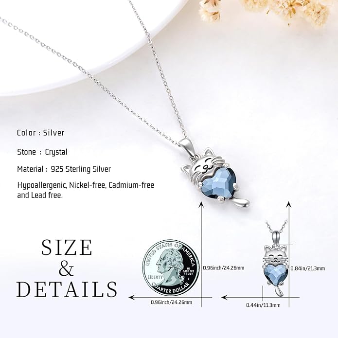 JUSTKIDSTOY Sterling Silver Cute Animal Pendant Necklace with Crystal Cat Pendant - Women's Cat Lovers Jewelry Gift