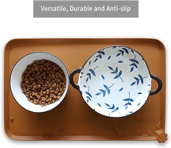 Hoki Found Silicone Pet Food Mats Tray - High-Lips Pet Dog Cat Bowl Mats - Dog Pet Cat Feeding Mat - Waterproof Dog Cat Food Mats -Pet Water Mats for Floors - Butterscotch