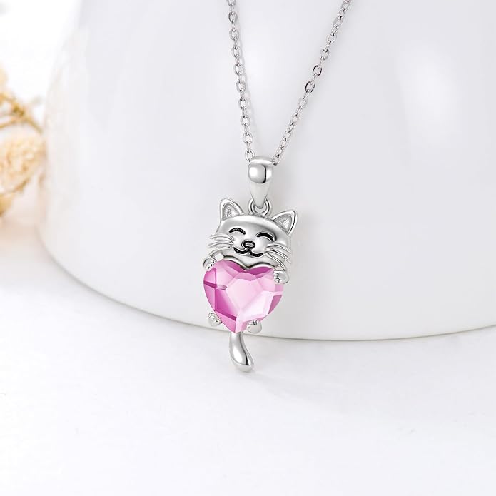 JUSTKIDSTOY Sterling Silver Cute Animal Pendant Necklace with Crystal Cat Pendant - Women's Cat Lovers Jewelry Gift