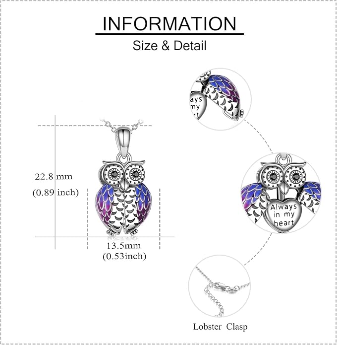 ONEFINITY Sterling Silver Always in My Heart Owl Urn Necklace for Ashes Owl Cremation Jewelry for Ashes of Loved Ones Keepsake Jewelry