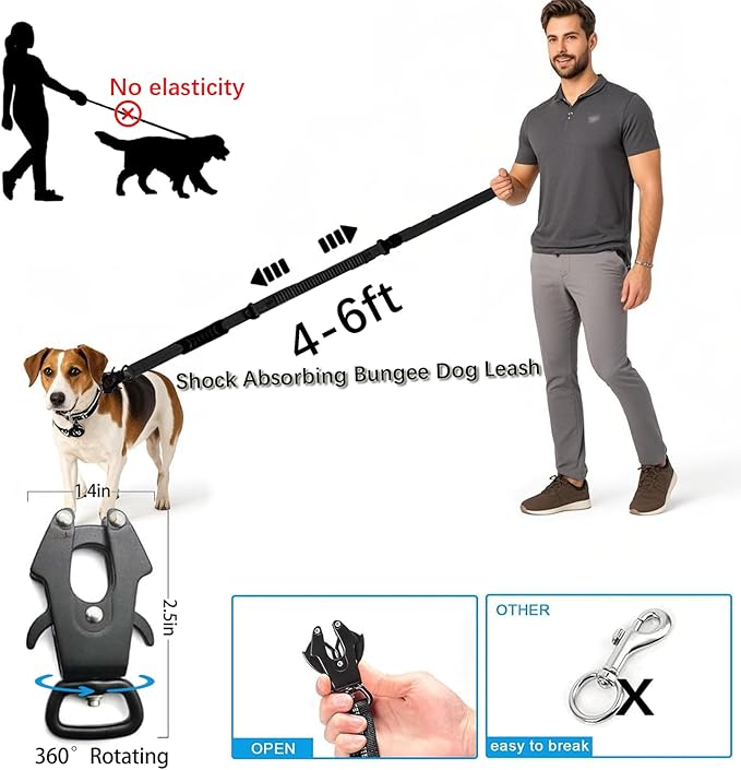 4-6FT Heavy Duty Dog Leashes for Large Dogs, Shock Absorbing Bungee Tactical Leash with 2 Padded Handle, Car Seatbelt and Metal Carabiner Clip, Strong No Pull Dog Leash for Medium