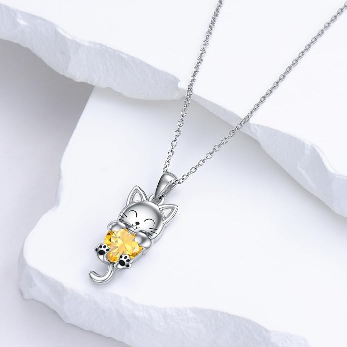 LONAGO Cat Necklace with Heart Birthstone Cat Pendant Necklace Sterling Silver Gifts for Women
