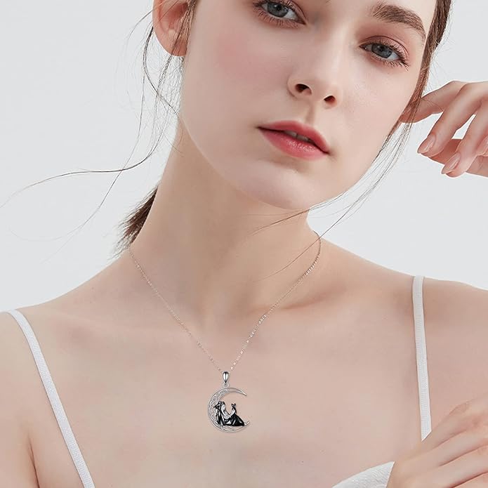 Witch Necklace Sterling Silver Witch/Skull Moon Pendant Halloween Jewelry Gifts for Women