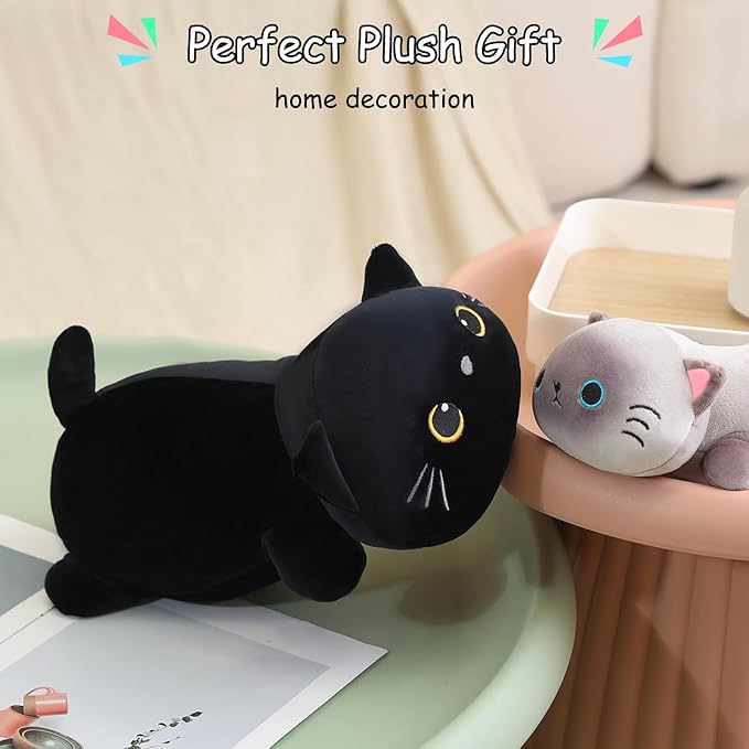 SQEQE Weighted Black Cat Plush, Weighted Black Cat Stuffed Animal, Cute Plushies Soft Pillow Toy Gift for Kids Adults 9.8 Inch, 0.8 Lbs