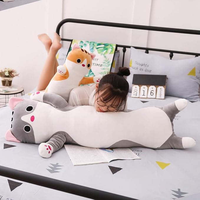 Long Cat Plush Pillow, Soft Cat Stuffed Animals Body Pillow Kitten Plush Hugging Pillow Toy Gifts for Kids (Gray, 35.4 inch)