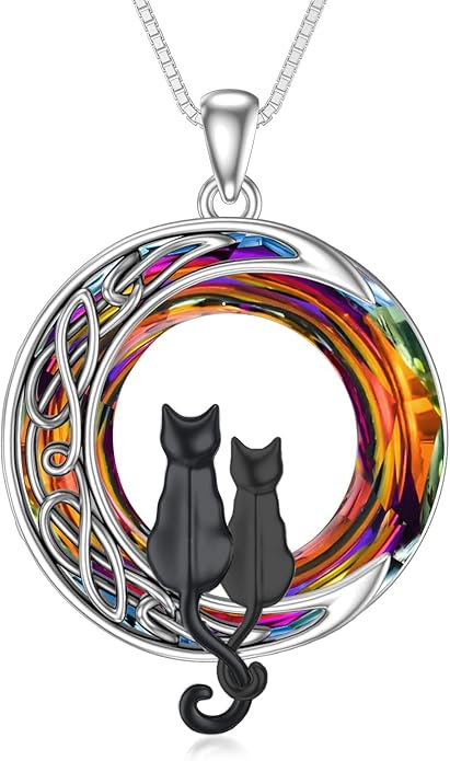 TOUPOP Cat Gifts for Cat Lovers 1 2 3 Cats Necklace Sterling Silver Cat on the Moon Pendant Necklace with Blue Circle Crystal Birthday Christmas Celtic Jewelry Gifts for Women