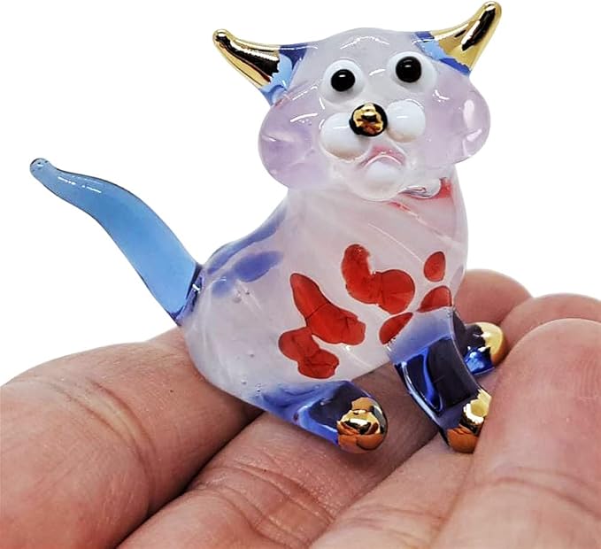Tiny 1½" White Blue Red Sitting Look Right Cat Figurine Miniature Hand Blown Glass Cats Kitten Feline Animals Cute Colorful Crystal Decorative Collectible Figurines Décor Gifts