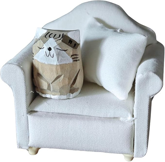 Miniature Wooden Cat Figurines with Sofa – Handcrafted Decorative Cats Set, 3 x 3.1 Inches, Home Décor for Desk, Bookshelf, and Living Spaces
