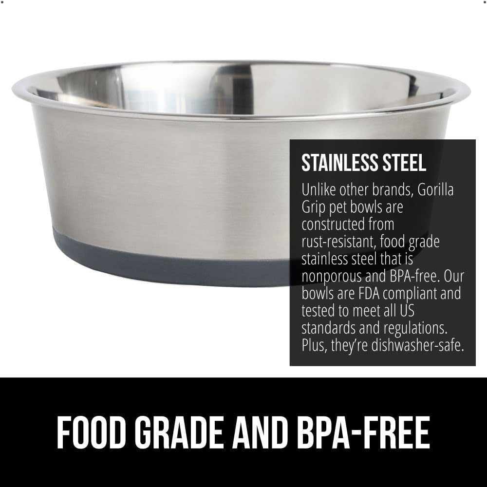 GORILLA GRIP Set of 2 Dog Bowls, Holds 4 Cups (32 fl oz), Heavy Duty Metal Food and Water Bowl for Feeding Dogs and Cats, Dishwasher Safe, Rust Resistant Stainless Steel, BPA Free Rubber Base, Gray