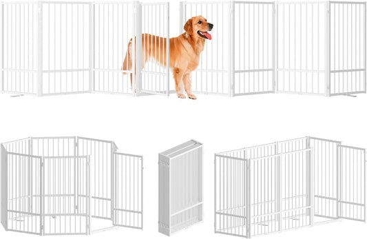 Full Metal Freestanding Dog Gate with Door, 36''Height Foldable Pet Dog Fence for Indoor & Outdoor, 8 Panels Extra Wide Free Standing TallDog Gates for Doorways,House,Stairs,Porch,Deck,Yard