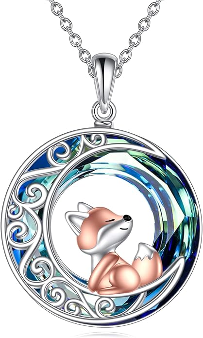 925 Sterling Silver Celtic Crescent Moon Animal Necklace for Women Fox/Black Cat/Hummingbird Crystal/Abalone Shell Pendant Jewelry Gift for Mom Daughter