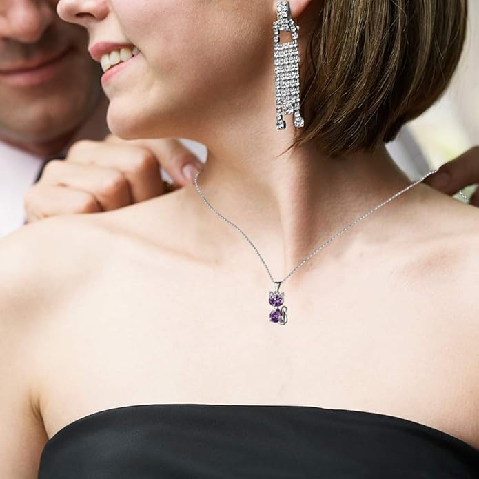 DreamsEden Cat Necklace, 18'' Silver Box Chain Women's Amethyst Cat Pendant Jewelry, Purple (Gift Box & Greeting Card)