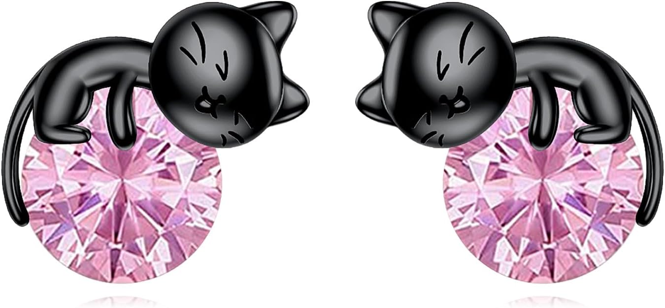 Sterling Silver Birthstone Black Cat Stud Earrings - Cat Birthstone Earrings for Women's Birthday Gift