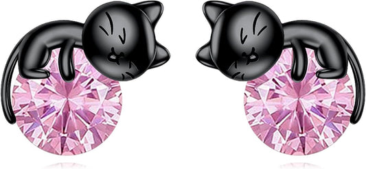 Sterling Silver Birthstone Black Cat Stud Earrings - Cat Birthstone Earrings for Women's Birthday Gift