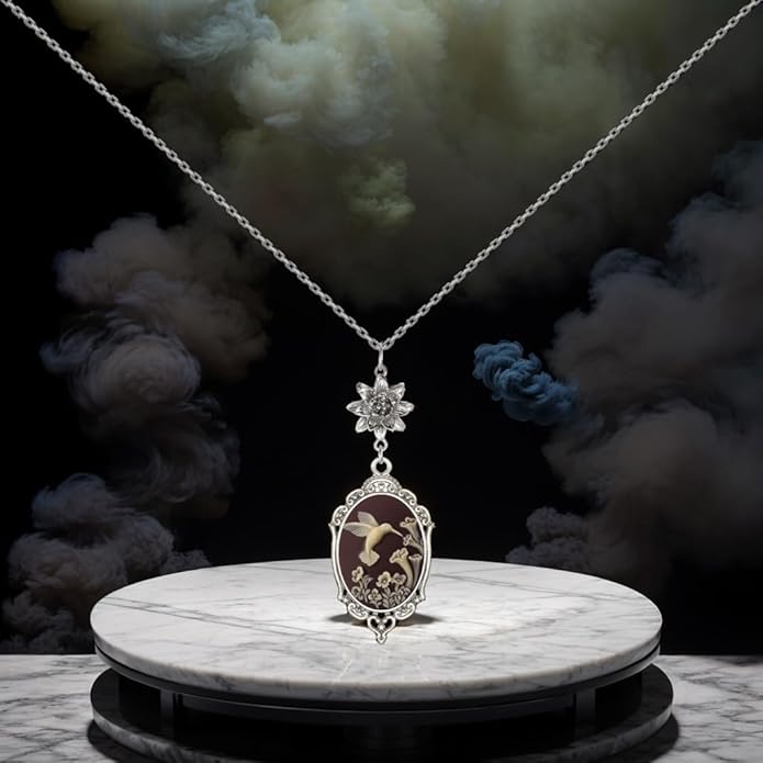 Yspace Lotus Charm Necklace Antique Decor Cameo Pendant 2 Chains Velvet Pouch for Gift