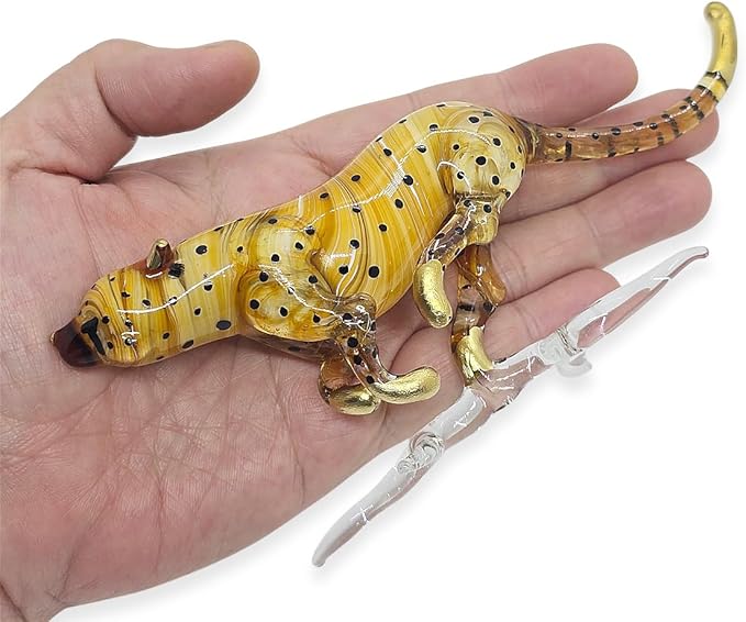 WitnyStore Tiny 6" Brown Running Cheetah Leopard Jaguar - Miniature Hand Blown Painted Glass Panthera Feline Wild Cats Small Crystal Wildlife Animal Decorative Figure Collectible Figurines Décor Gifts