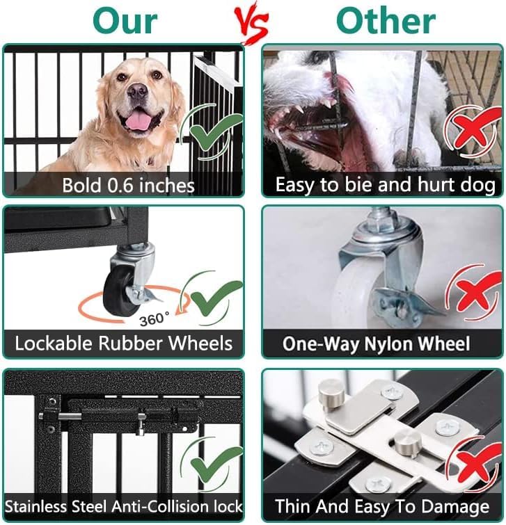 Oranland 48/38 Inch Heavy Duty Dog Crate Cage Kennel with Wheels, High Anxiety Indestructible, Sturdy Locks Design, Double Door and Removable Tray, Extra Large XL XXL