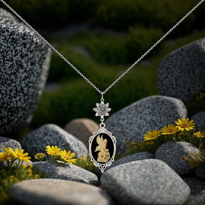 Yspace Lotus Charm Necklace Antique Decor Cameo Pendant 2 Chains Velvet Pouch for Gift