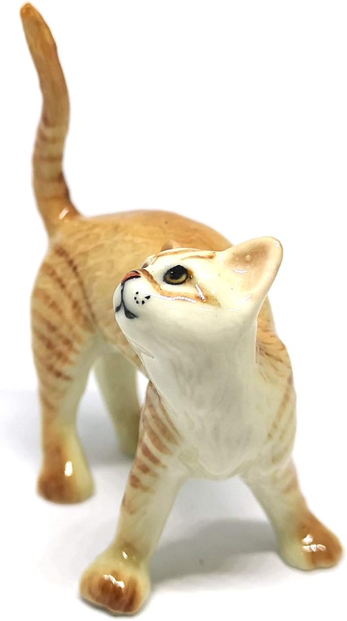 ZOOCRAFT Ceramic Cat Figurine Collectible Stretching Brown Kitty Hand Painted Animal Miniature Home Decor
