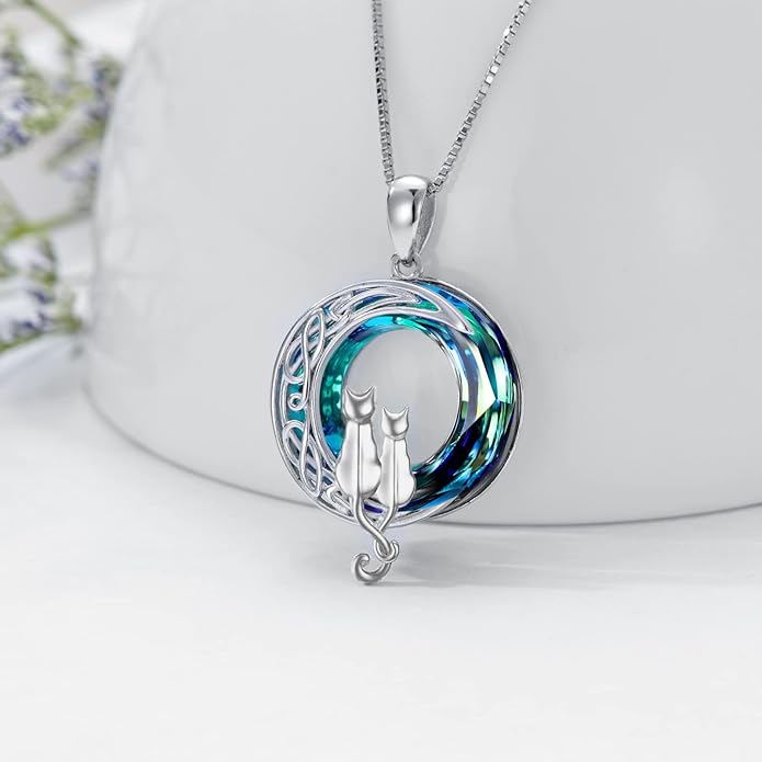 TOUPOP Cat Gifts for Cat Lovers 1 2 3 Cats Necklace Sterling Silver Cat on the Moon Pendant Necklace with Blue Circle Crystal Birthday Christmas Celtic Jewelry Gifts for Women