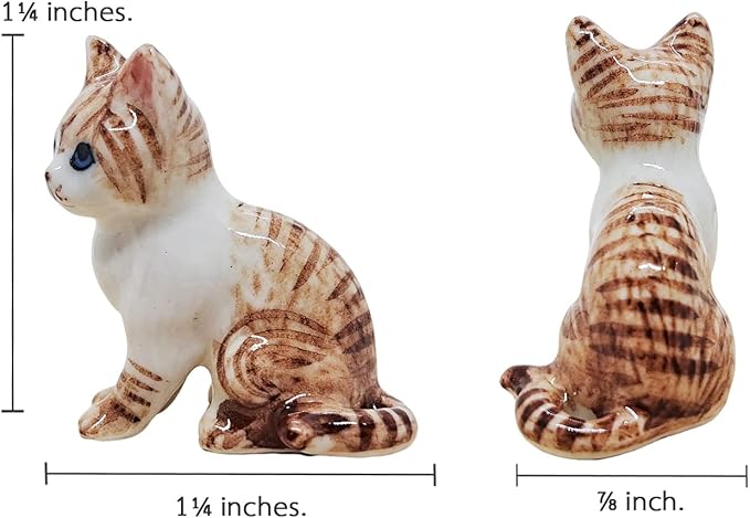 WitnyStore Tiny 1¼" White Brown Tabby Shorthair Cat Sitting Look Left Figurine - Miniature Hand Made Painted Ceramic Cats Kitten Feline Animal Cute Porcelain Decorative Collectible Figures Décor Gifts