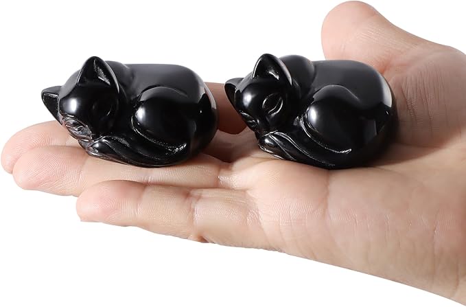 2" Sleeping Cat Statue Black Obsidian Healing Crystals Hand Carved Cute Kitten Figurine, Worry Stone for Anxiety Relif Home Desk Decor Animal Figurine
