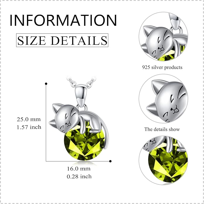 LONAGO Cat Necklace with Birthstone 925 Sterling Silver Cat Pendant Necklace Gift for Women