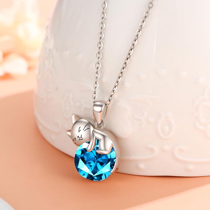LONAGO Cat Necklace with Birthstone 925 Sterling Silver Cat Pendant Necklace Gift for Women
