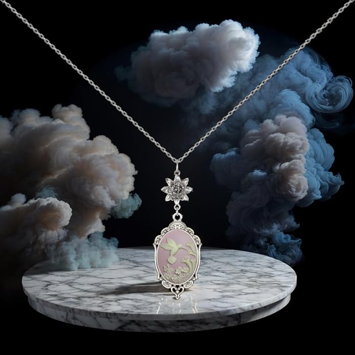 Yspace Lotus Charm Necklace Antique Decor Cameo Pendant 2 Chains Velvet Pouch for Gift