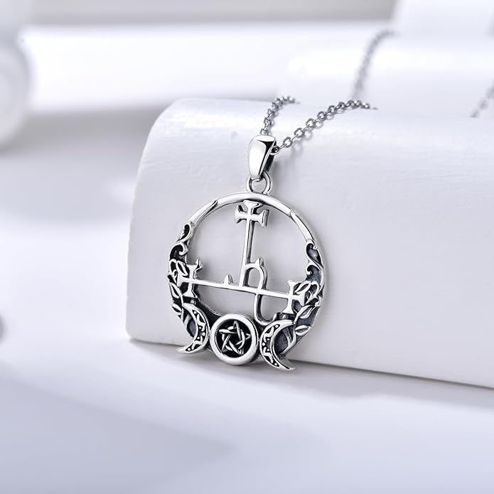 Witch Necklace 925 Sterling Silver Pentagram Triple Moon Pentacle Pendant Wiccan Pagan Jewelry Witchy Gifts for Women