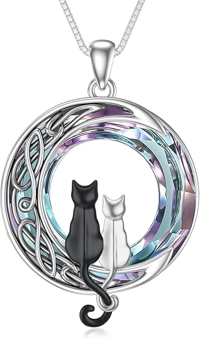 TOUPOP Cat Gifts for Cat Lovers 1 2 3 Cats Necklace Sterling Silver Cat on the Moon Pendant Necklace with Blue Circle Crystal Birthday Christmas Celtic Jewelry Gifts for Women