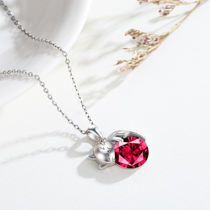 LONAGO Cat Necklace with Birthstone 925 Sterling Silver Cat Pendant Necklace Gift for Women