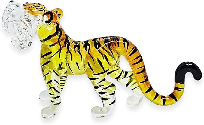 WitnyStore Tiny 1¾" Long Yellow Black Standing Tiger Roaring Figurine - Miniature Hand Blown Painted Glass Panthera Wild Cat Small Crystal Wildlife Animals Decorative Collectible Figurines Décor Gifts
