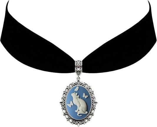 Victorian Vault Cat with Butterflies Cameo Gothic Steampunk Victorian Pendant on Choker