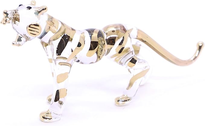 WitnyStore Tiny 4" Long Clear Gold Standing Tiger Roaring Figurine - Miniature Hand Blown Painted Glass Panthera Wild Cat Small Crystal Wildlife Animals Decorative Collectible Figurines Décor Gifts
