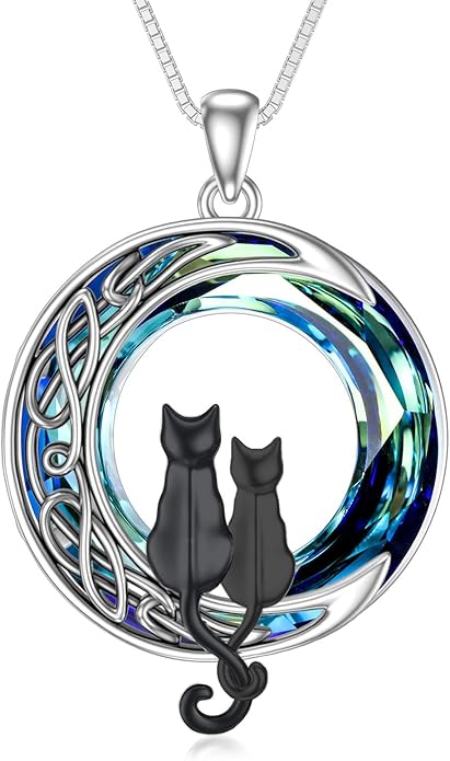 TOUPOP Cat Gifts for Cat Lovers 1 2 3 Cats Necklace Sterling Silver Cat on the Moon Pendant Necklace with Blue Circle Crystal Birthday Christmas Celtic Jewelry Gifts for Women
