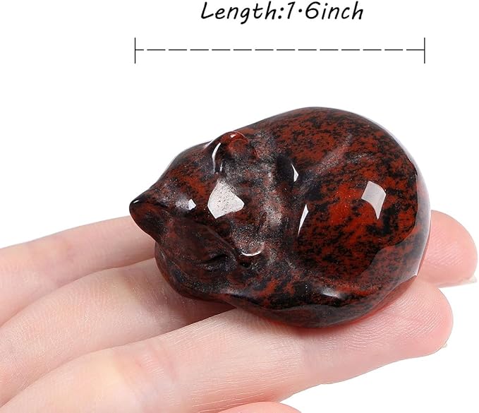 LAIDANLA Sleeping Cat Statue Red Obsidian Healing Gemstone Hand Carved Cute Kitten Statue Figurine 1.6" Decor Polished Stone Reiki Bedroom Office Desk Home Decoration Gifts