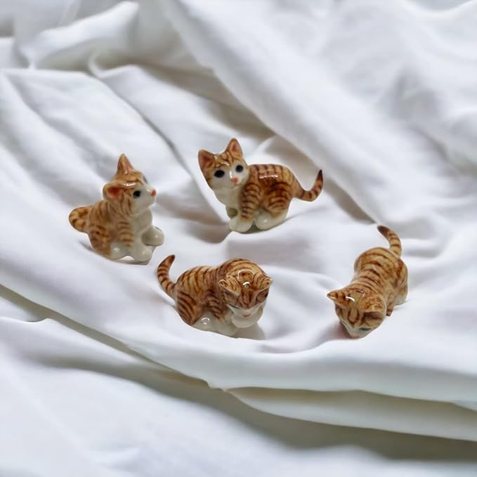 WitnyStore Tiny 1½" Long Brown White Tabby Shorthair Cat Tiptoeing Figurine - Miniature Hand Made Painted Ceramic Cats Kitten Feline Animal Cute Porcelain Decorative Collectible Figurines Décor Gifts