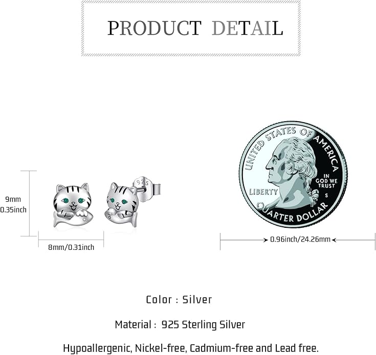 925 Sterling Silver Cat Earrings Cute Animal Kitten Stud Earrings cat Jewelry Gifts for Women Girls Hypoallergenic Earrings for Sensitive Ears