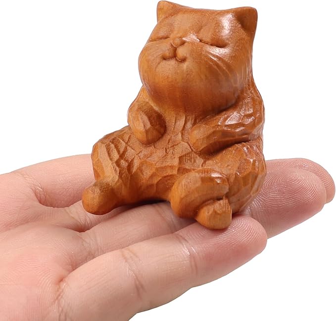 Wooden Cat Figurines,Sculpture Lovely Orange Cat Art Statue Mini Carved Ornament Figurine Small Animals Collectible for Home Office Garden Bedroom Desktop Bookshelf Decoration Gifts