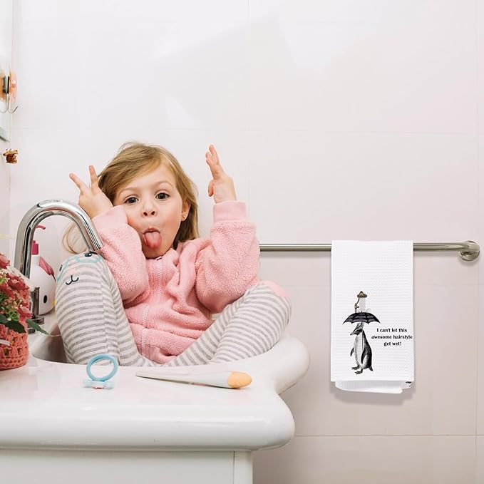 Funny Penguin Bathroom Hand Towels, Quirky Penguin Decorative Hand Towels for Bathroom Decor, I Can't Let This Awesome Hairstyle Get Wet Decorative Kitchen Dish Towels, 16x24 Inch