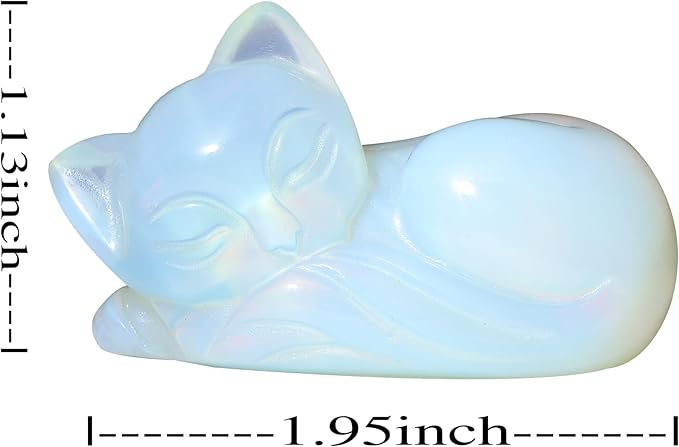 2" Sleeping Cat Statue Opalite Healing Crystals Hand Carved Cute Kitten Figurine, Worry Stone for Anxiety Relif Home Desk Decor Animal Figurine (Opalite)