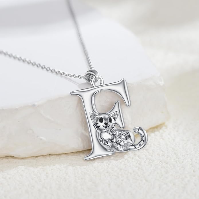 LONAGO Cat Initial Pendant Necklace Silver A to Z Letters Alphabet Necklace Gift for Women