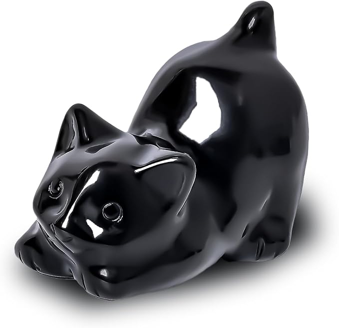 WHAL&YUNE Black Obsidian Cat 1PC, Crystal Cat Figurine, Natural Gemstone Lying Cat Ornament Hand Carved Cat Statue Cat for Cat Lovers, Gift 1.5"